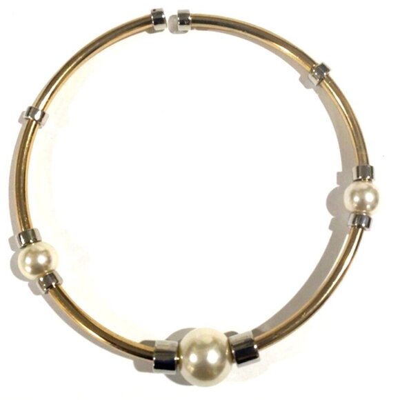 Dual-Tone Gold Pearl Collar w/ Silver Spacer Beads – Minimalist Bold Jewelry - Picture 3 of 8